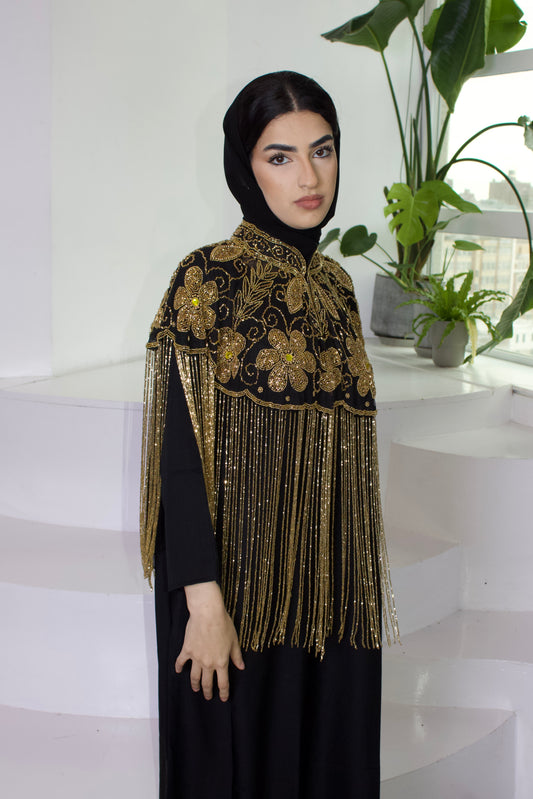 Gold and Black Cape with Fringe Detailing