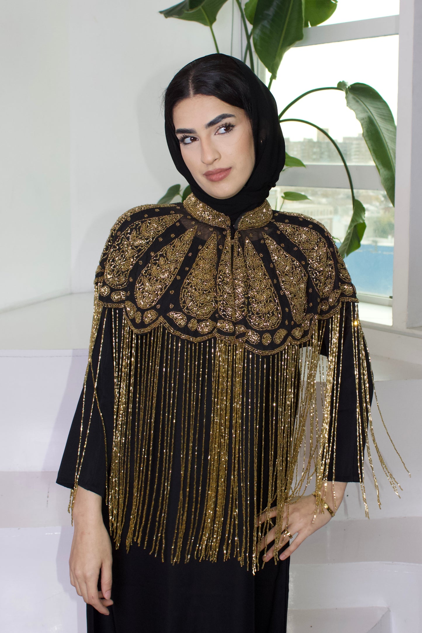 Black and Gold Cape with Fringe Detailing