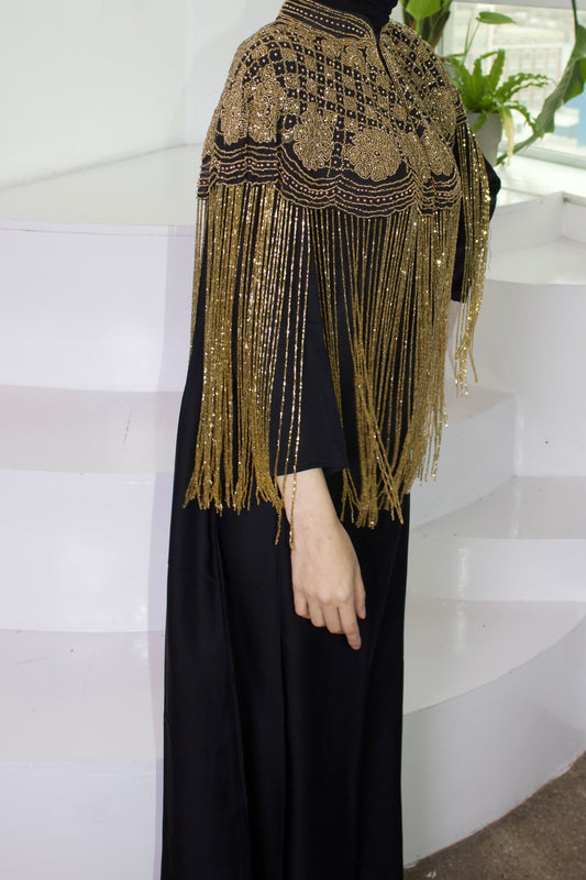 Gold and Black Cape with Fringe Detailing