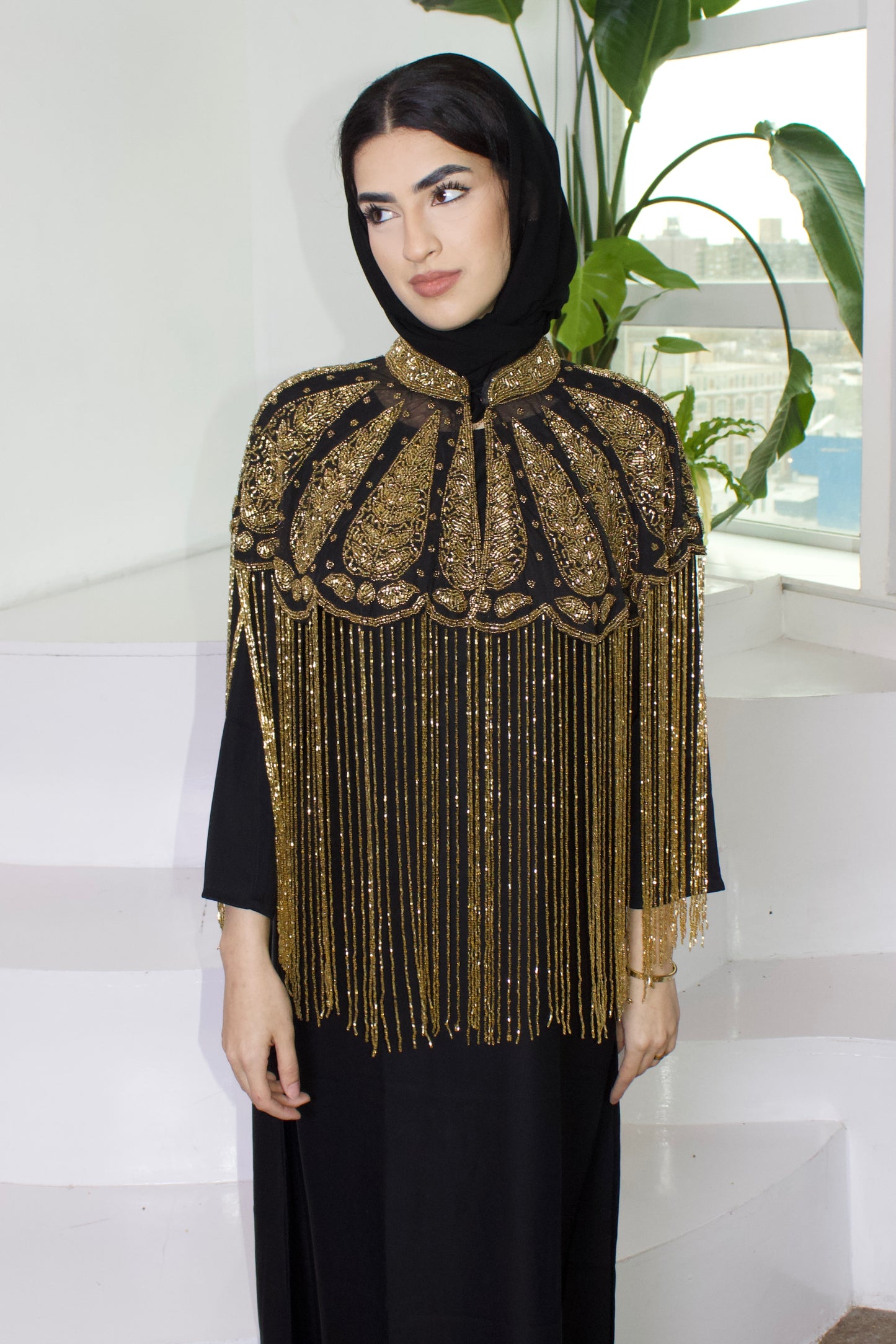 Black and Gold Cape with Fringe Detailing