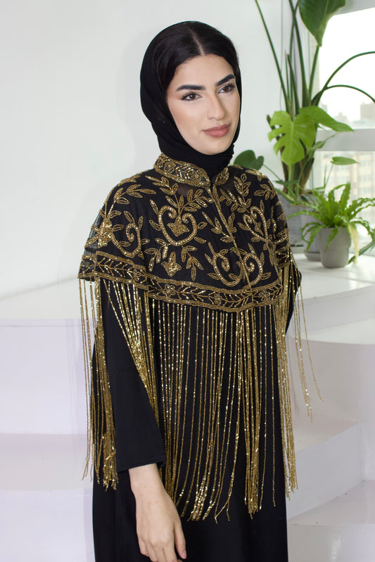 Gold and Blackk Cape with Fringe Detailing