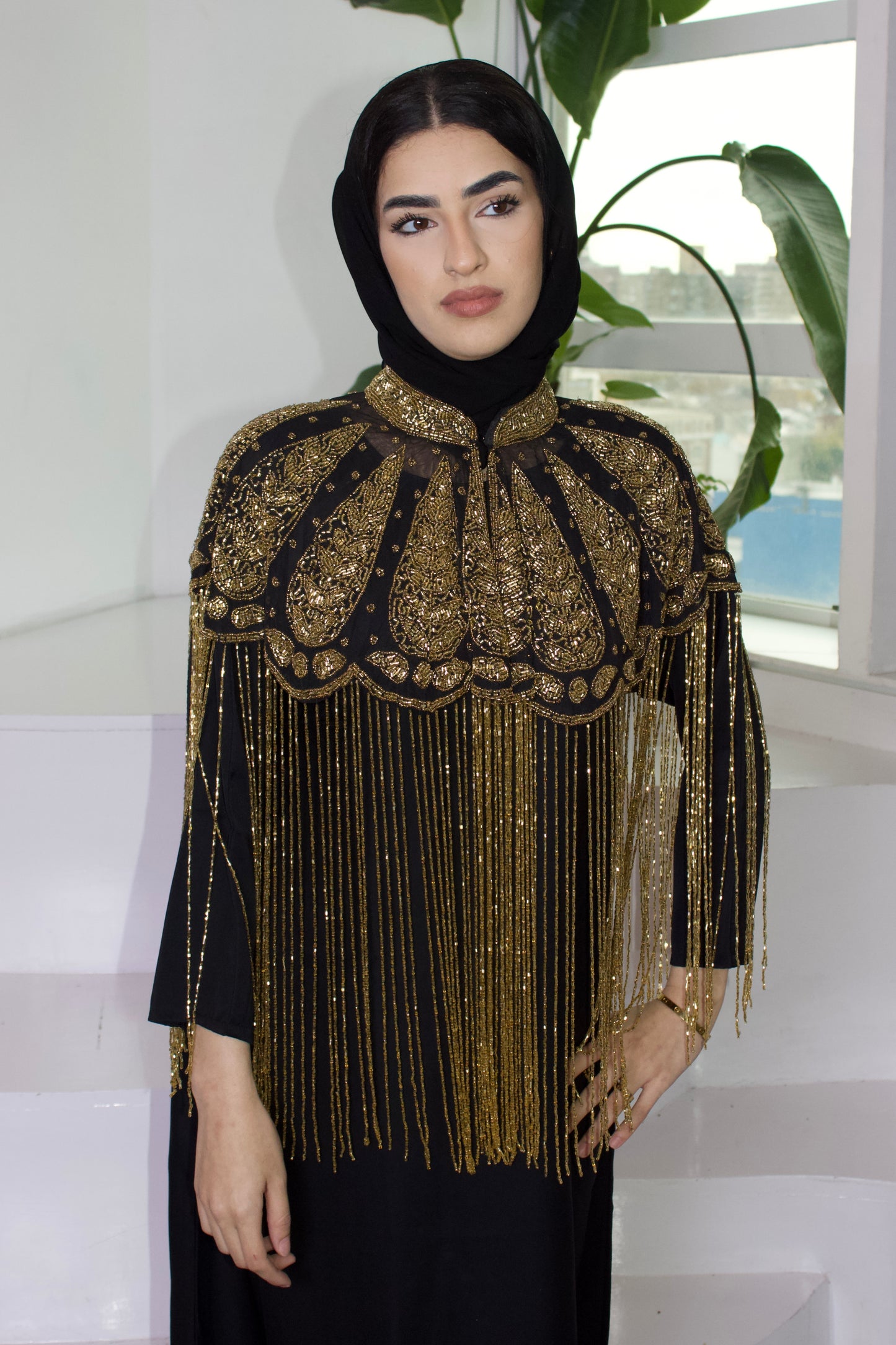 Black and Gold Cape with Fringe Detailing